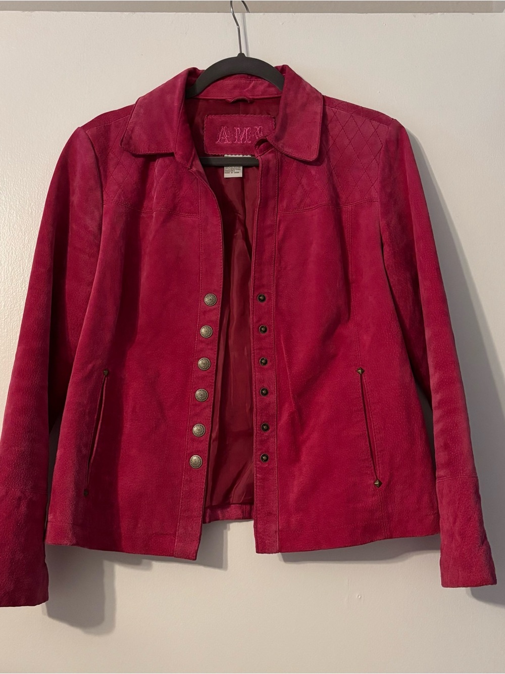 Women's Genuine Leather Suede Button-Front Jacket - Hot Pink